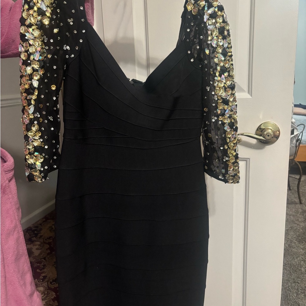 Terani Couture Black Dress with Sequin Sleeves